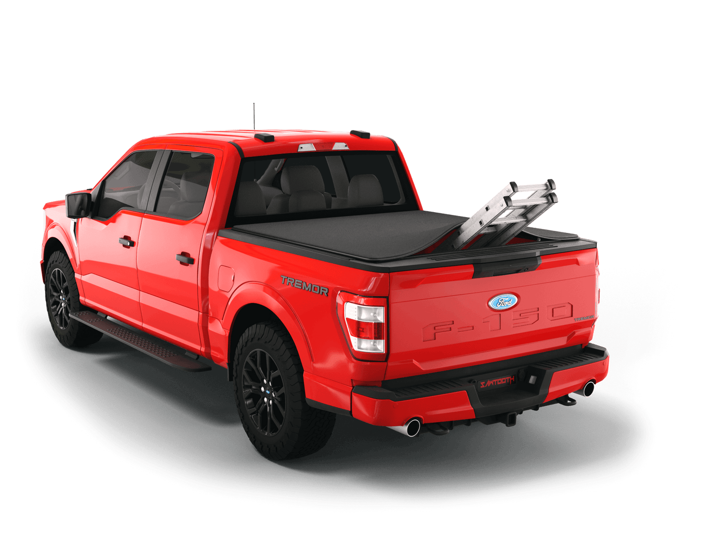 Red Ford F-250 / Ford F-350 with ladder sticking out of Sawtooth Stretch expandable truck bed cover
